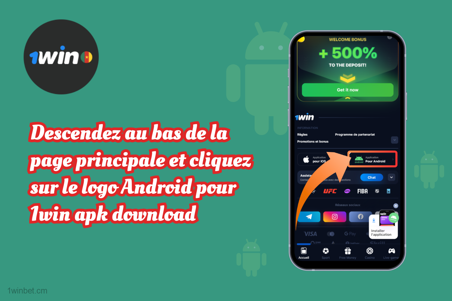 Les utilisateurs camerounais doivent confirmer le début du téléchargement du fichier APK 1win.