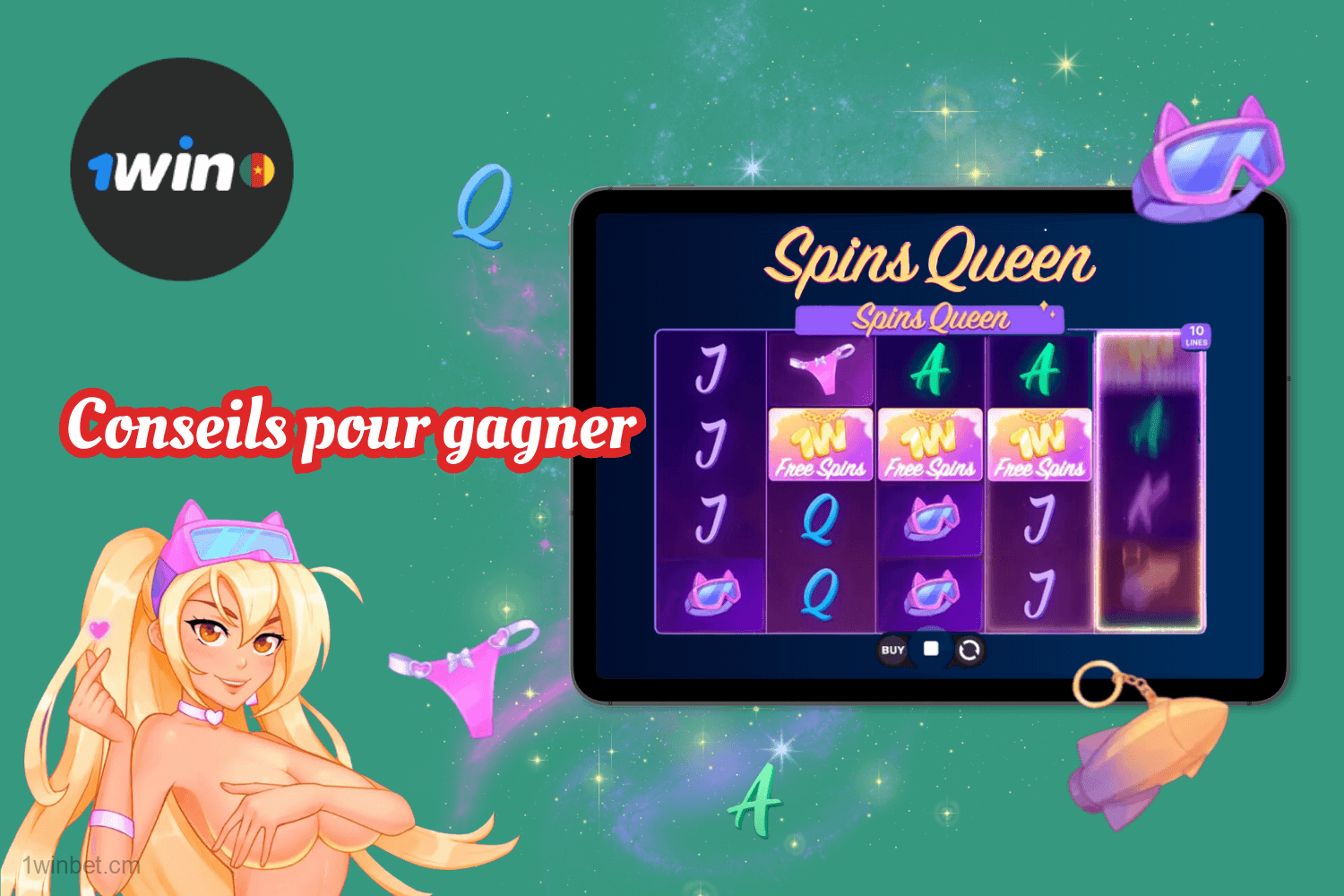 Pour augmenter vos chances de succès sur Spins Queen sur 1win Cameroun : suivez les règles, commencez avec des mises modestes, utilisez les symboles 1W et Wild, et jouez de manière responsable.